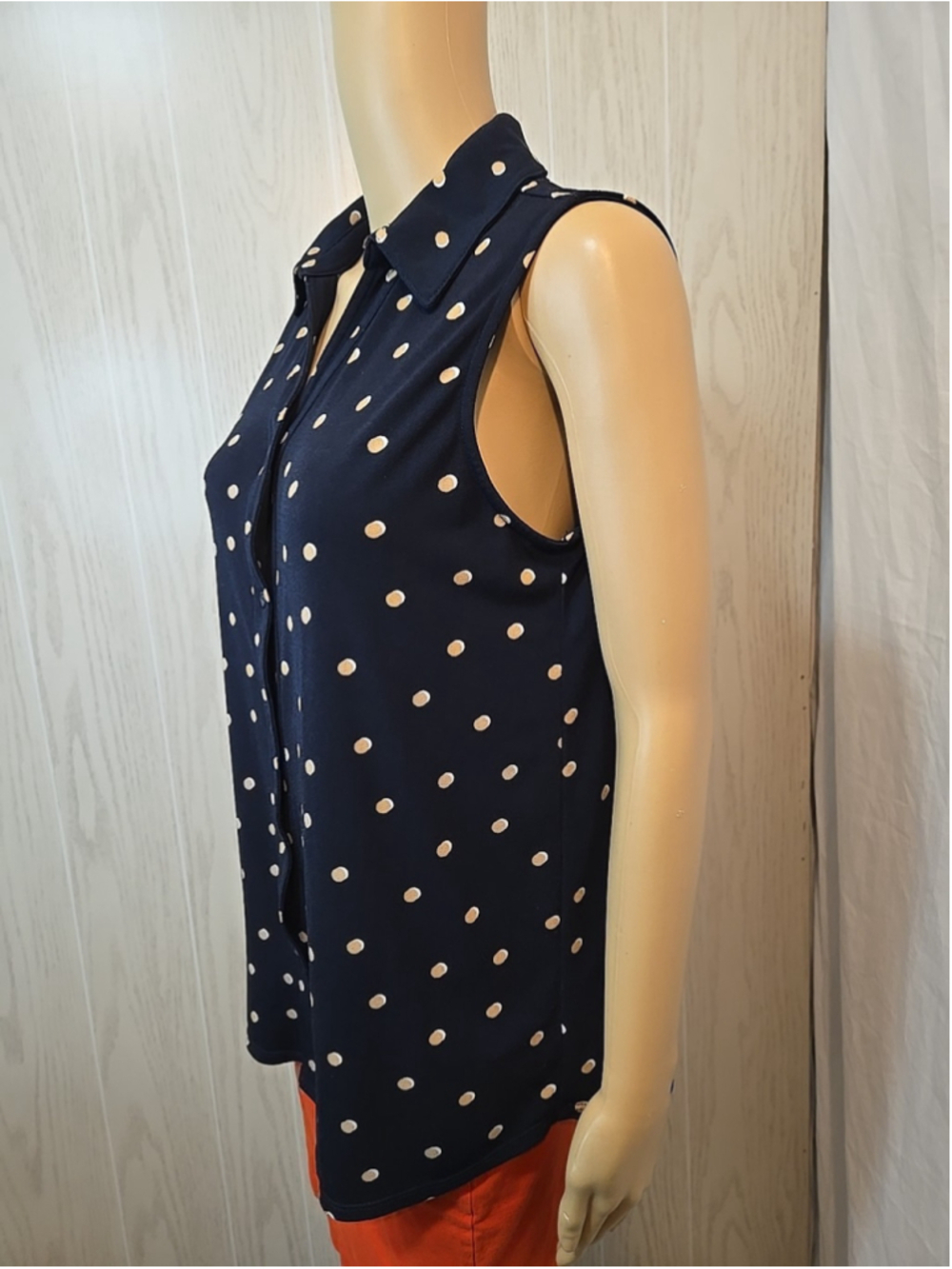 Adrianna Papell Medium Sleeveless Blouse Navy Polka Dot Office Top Workwear - Picture 7 of 9